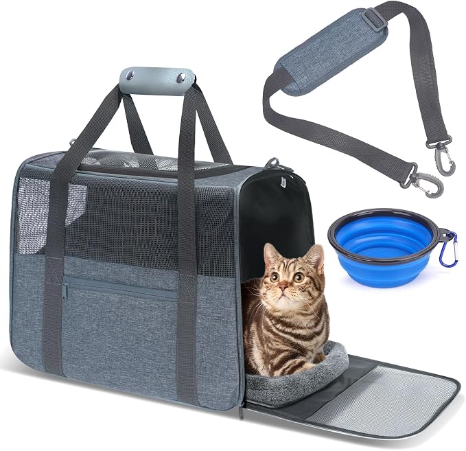 JUNGYOUN Premium ​Cat Carrier - ​Pet Carrier for Cat & Small Dogs up to 15lbs - ​Airline Approved Travel Dog Carrier with Anti-Escape Zippers, Collapsible Travel Bowl & Padded Strap by JUNGYOON