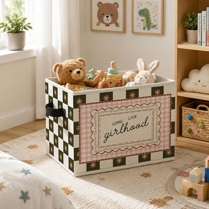 Girls Nursery Storage Bins Box, Sweet Positive Collapsible Organizer Basket | affirmative cheerful storage box basket for books clothes, pink gingham organizer for nursery bedroom playroom, 10x14 in - Image 5