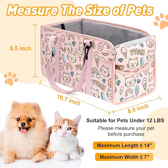 Console Dog Car Seat for Small Dogs, Foldable Booster Seat, Pink Kitten | Portable Booster Seat Sits On Car Console/ Armrest. Foldable for Easy Storage. for Center Console, Easy To Clean. - Image 2