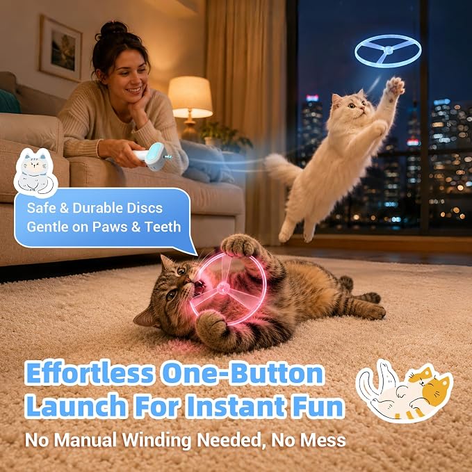 Cat Fetch Toy with Flying Disc Launcher, Rechargeable & Large-capacity | Interactive Cat Chase Hunting Tracking Toy with 5 Soft & Flexible Discs, Flying Disc Toy for Indoor Bored Kitten & Adult Cat - Image 7