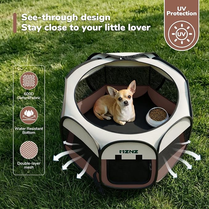 Dog Cat Small Animal Puppy Playpen Crate, Small, Brown | Portable Pop Up Pet Cage Enclosure Tent Kennel Indoor Outdoor with Carrying Case, No Assembly, Camping Use - Image 6