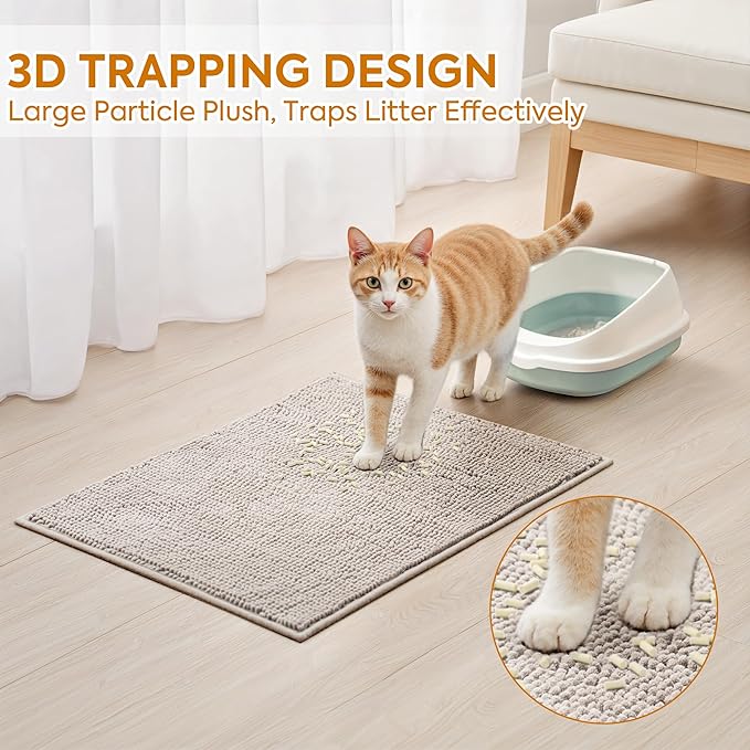 Pieviev Chenille Cat Litter Mat for Litter Box, 28"x22" Soft Ultra Absorbent Mat, Waterproof & Non-Slip, Easy to Clean Litter Trapping Mat for Indoor Cats, Gray (Pack of 2) - Image 2