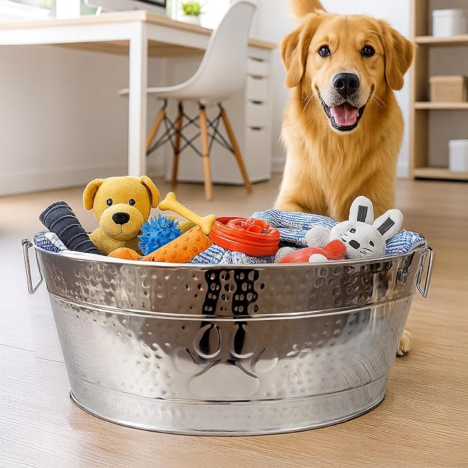 BREKX Stainless Steel Indestructible Dog Toy Bin - Pet Storage Bin with Handles, Large Organizer Storage Basket for Pet Toys, Blankets, Leashes - Pawprint Design Home Decor (Silver - 25 Quart) - Image 2