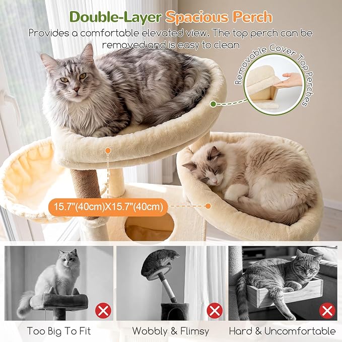 Globlazer Sturdy Cat Tower for Indoor Cats 20lbs, 76in, S76E, Beige | Heavy Duty Cat Tree for Adult Big Cats Maine Coon with Scratching Post, 2 Extra Large Top Perch, 2 Padded Cat Condos - Image 3