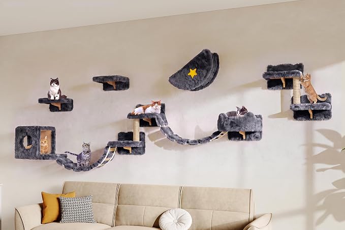 13-in-1 Cat Wall Shelves, Moon & Bridge Cat Wall Furniture, Grey | Wall Mounted Cats Shelf Set with Plush Fabric, Cat Climbing Systems for Adult Cats, Condo, Scratching Post, Space-Saving by Homiflex