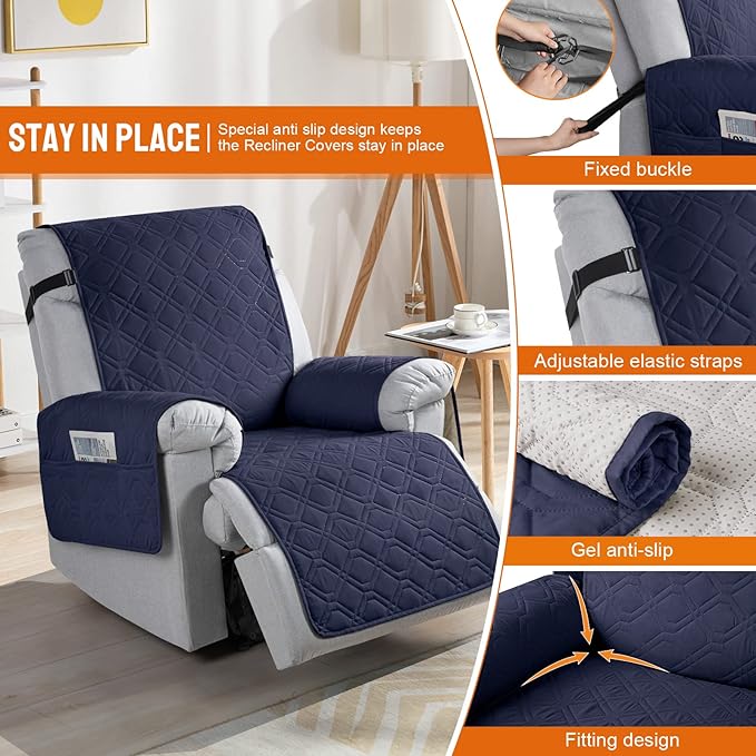 VANSOFY 100% Waterproof Recliner Chair Covers Washable, Dark Blue, 25" | Non-Slip, Slipcover with Pocket, Furniture Protector, Elastic Straps, Chair Cover for Pets, Dogs - Image 3
