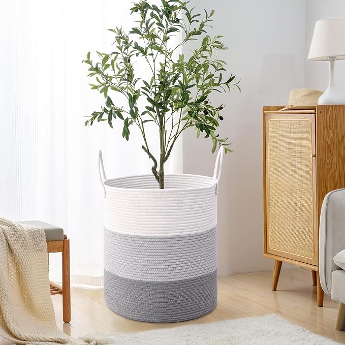 Laundry Hamper for Organizing, 52L Large Laundry Baskets, Cotton Rope Woven Blanket Basket, Collapsible Laundry Hamper for Living Room, Nursery, 15"×18", Gray - Image 7