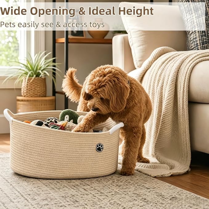 Optish 40L Extra Larg Dog Toy Basket, Woven Storage Baskets with Handles | 20" x 14" x 9" XL Toy Storage Box and Bin with Handles for Living Room, Bedroom Organization, Foldable, Durable, Home Decor - Image 4
