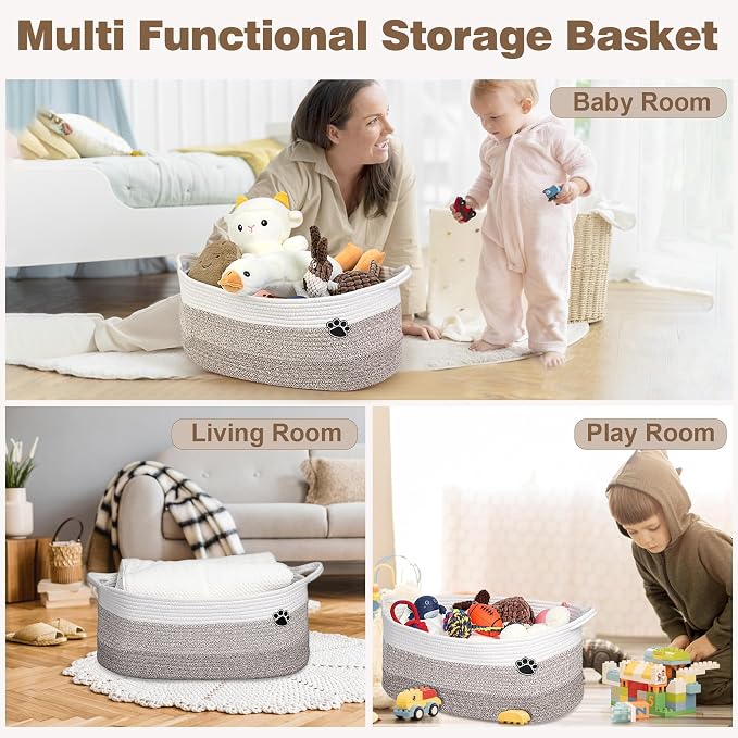 Optish 40L Extra Larg Dog Toy Basket, Woven Rope Storage Basket,White-Brown | 20" x 14" x 9" XL Toy Storage Box and Bin with Handles for Living Room, Bedroom Organization, Foldable, Durable, Home Decor - Image 8