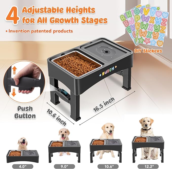 Decflow 2-in-1 Elevated Dog Bowls with 4 Height Adjustable Raised Stand | 304 Stainless Steel Dog Food Bowl, No Spill Water Bowl, DIY Stickers, Anti-Slip Pet Feeder Set for Small, Medium & Large Dogs - Image 2