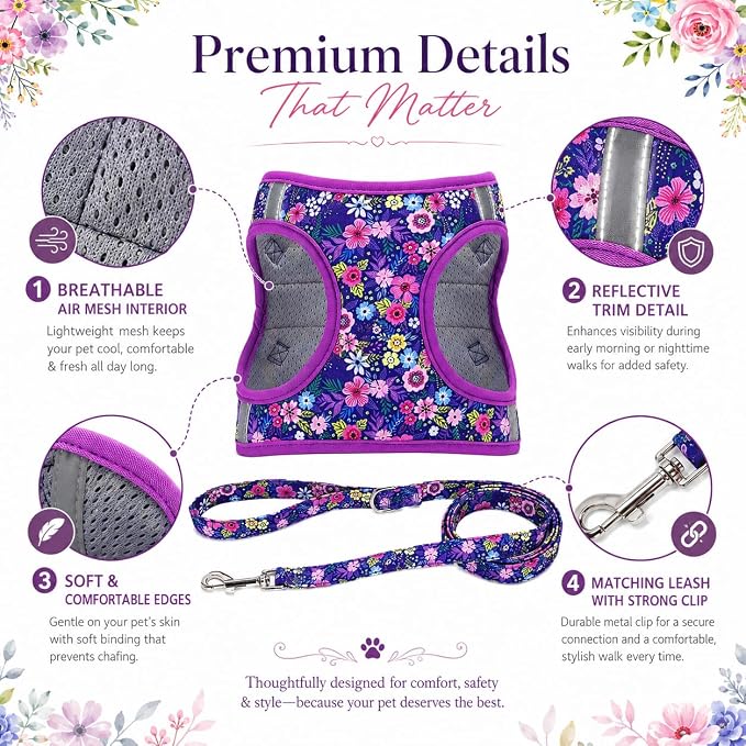 Step in Dog Harness Leash Set- All Weather Reflective No-Pull Floral Pattern Padded Mesh Vest Harness for Cats Puppy Extra-Small Small Medium Large Dogs - Dark Flower - L - Image 2