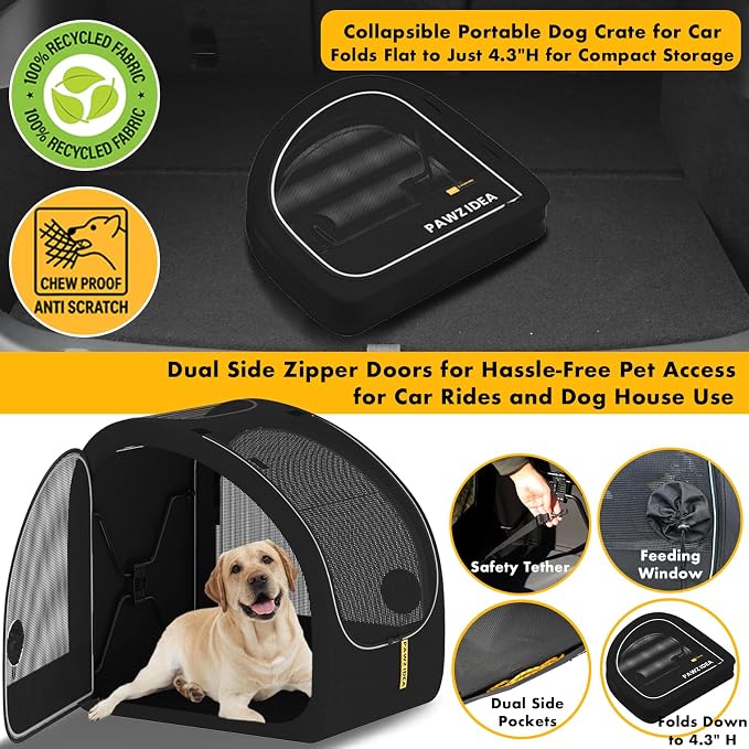 PAWZIDEA Portable Dog Crate for Car Travel, Medium & Large Dogs Up to 80lbs | Enclosed Soft-Sided Dog Car Kennel for Backseat, Secures w/ Seatbelt & Headrest Strap, Collapsible Car Carrier, Chew-Proof - Image 6