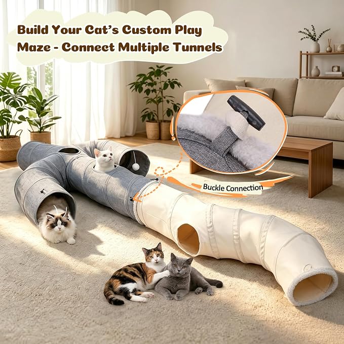 Ownpets S-Shape Cat Tunnel Toy 48"L x 12"D, for Cats, Puppies & Small Pets | Collapsible for storage, tear-resistant oxford fabric, connects to other tunnel, with peek hole, feather wand, indoor/outdoor - Image 9