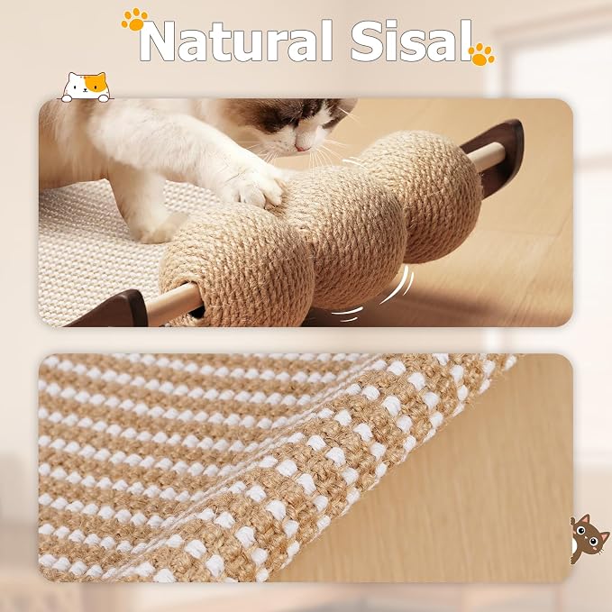 3 in 1 Sisal Cat Scratcher Bed, Solid Pine Cat Scratcher with Balls, Walnut | Extra Large Cat Scratching Post with Hammock, Cat Scratcher for Scratch & Play & Rest, Cat Furniture for Indoor Cats, Kitten - Image 2