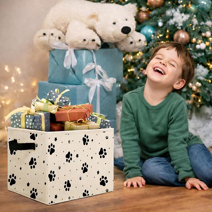 Paw Print Storage Bin, Foldable Fabric Organizer | Black paw print storage bin with stars and dots for toys, books, clothes, pet items, shelves, closets, and rooms. - Image 7