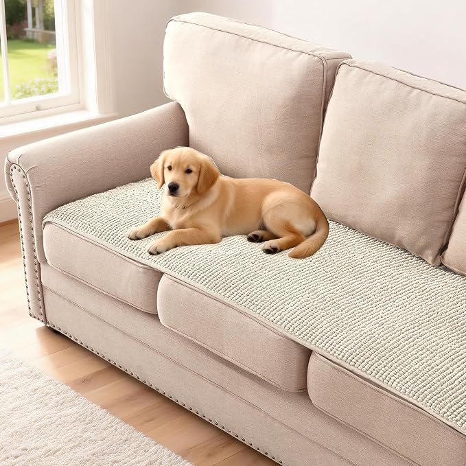 H.VERSAILTEX Plush Chenille Couch Cover for 3 Cushion Couch Anti Slip Washable Sofa Slipcovers Soft and Durable Furniture Protector for Dogs Cats Kids (27.5" x 82", Ivory) by HVERSAILTEX