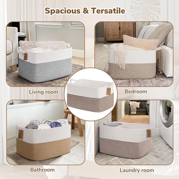 Goodpick 75L Extra Large Woven Rope Blanket Basket, Rectangle, Brown | 22" × 17" × 12" Decorative Storage Basket for Pillows & Clothes, Fits Living Room & Nursery Organization, Handles - Image 4