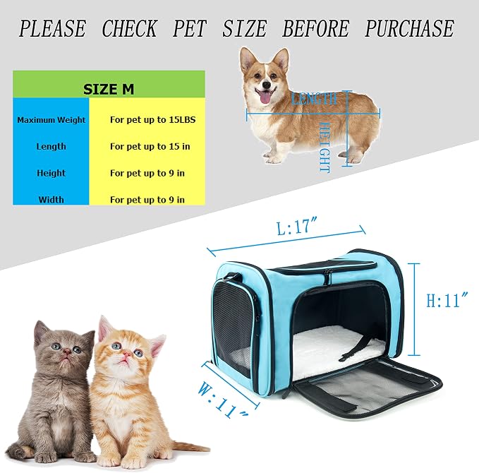 Soft Sided Carrier for Small Medium Cats Dogs,TSA Airline Approved Collapsible Travel Pet Carrier Medium Blue - Image 7
