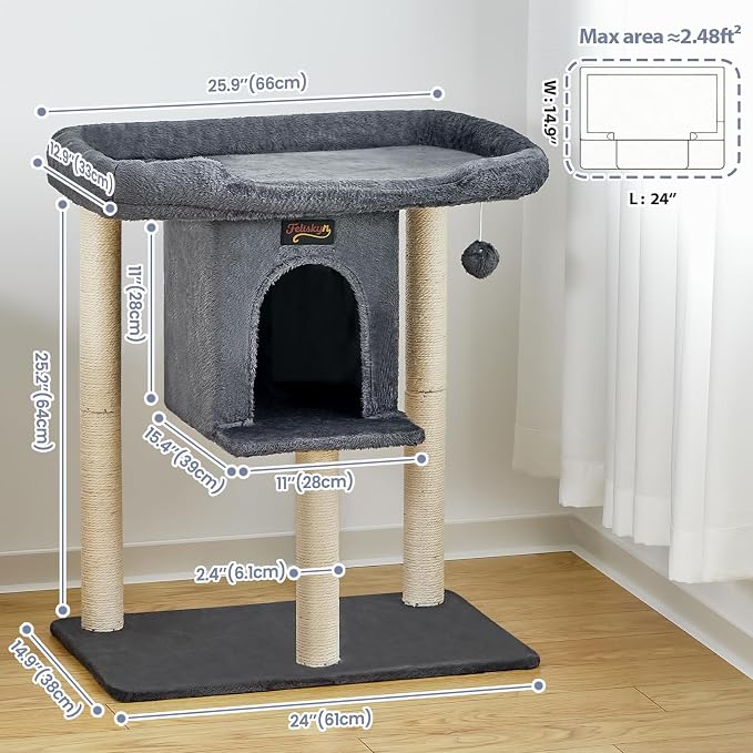 Cat Tree Tower Scratching Post for Indoor Large Adult Cats with Perch Bed | 28in Tall Small Cat Trees House with Big Perch, Condo, Toy Balls, Modern Kitten Climbing Furniture Platform, Dark Gray - Image 9