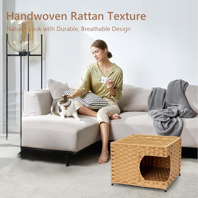 Cat House for Indoor Cats - Wicker Cat Bed with Double-Sided Soft Cushion, Decorative Handwoven Pet Bed Furniture - Image 6