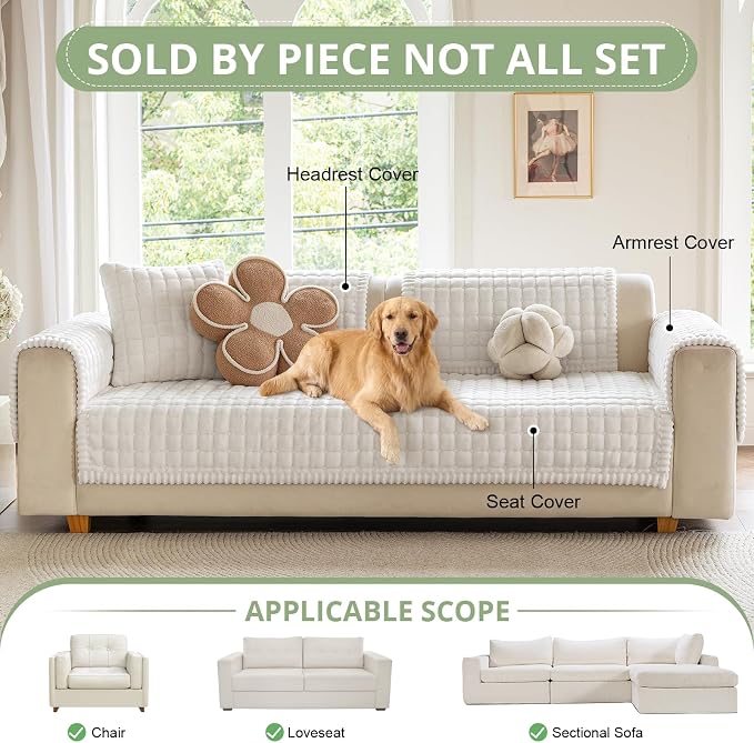 OstepDecor Couch Cover for Dogs, Washable Non Slip Sofa Cover for Pets | Soft Couch Covers for Sofa, Loveseat and Sectional, Furniture Protector Against Pet Hair & Dirt (35.4" x 63", Off White) - Image 4