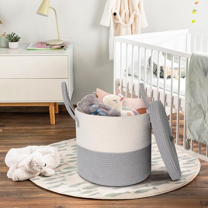 Storage Basket with Lid, Blanket Basket Living Room, Large Woven Cotton Rope Baskets for Storage, Kids Toy Storage Bin, Wicker Laundry Basket, Blankets Pillows Organizer Holder,15"x13", Gray - Image 5