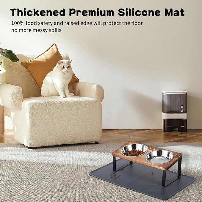 Upgraded Elevated Cat Bowls with Food Mat,15°Tilted Stand Anti Vomiting Raised Cat Dishes for Food and Water,2 Stainless Steel Bowls for Cats and Puppy（Rustic Brown） - Image 3