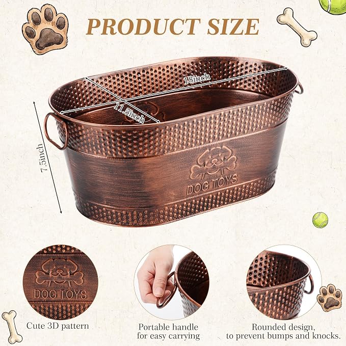 Zonon Metal Dog Toy Storage Bin with Handles 21 Quart Vintage Decorative Basket for Dog Ropes Food Living Room Decor, Galvanized Steel Pet Toy Organizer, 18x11.5x7.5 Inch(Chewing Stick) - Image 3