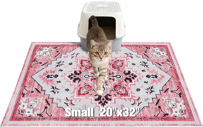 EXPAWLORER Cat Litter Mat, 20”x32” Small Non-Slip Urine Waterproof Litter Trapping Mat Easy to Clean Washable Litter Box Mat for Floor Soft on Kitty Paws, Indoor Food Mats Rug Pads for Bathroom Pink by EXPAWLORER