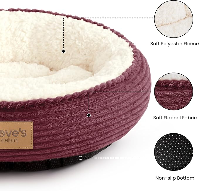 Love's cabin Round Donut Cat and Dog Cushion Bed, 20in Pet Bed for Cats or Small Dogs, Anti-Slip & Water-Resistant Bottom, Super Soft Durable Fabric Pet beds, Washable Luxury Bed Burgundy Stripe - Image 2