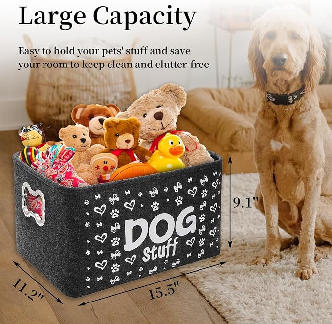 WRINGKIT 3 Pack Dog Toy Bin Basket, Large, Collapsible | Pet Puppy Storage Bin Box with Handles, Felt Storage Bin Basket for Dog Toys, Blankets, Pet Supplies Storage, Dog Room Decor - Image 2