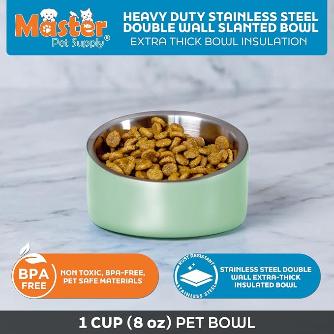 Master Pet Supply Stainless Steel Slanted Dog Cat Food Bowl 8 oz Pistachio | Heavy Duty Double Wall Insulated, Non-Slip Elevated Bowl for French Bulldogs, Pugs, Cats, Anti Rust, Dishwasher Safe - Image 3