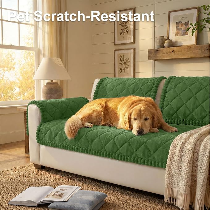 Smiry Non Slip Couch Cover for Dogs, Fuzzy Plush Pet Sofa Protector | Washable Furniture Cover for Large Dogs & Cats, Scratch & Dirt Resistant, For 2 Cushion Couch, Olive Green, 27.6"x59" - Image 2