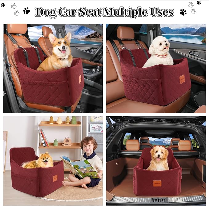 Dog Booster Car Seat for Dogs up to 35lbs, Safety Pet Car Seats with Anti-Slip Bottom, Travel Booster Dog Bed with 2 Storage Pockets (Wine Red, Medium) - Image 7
