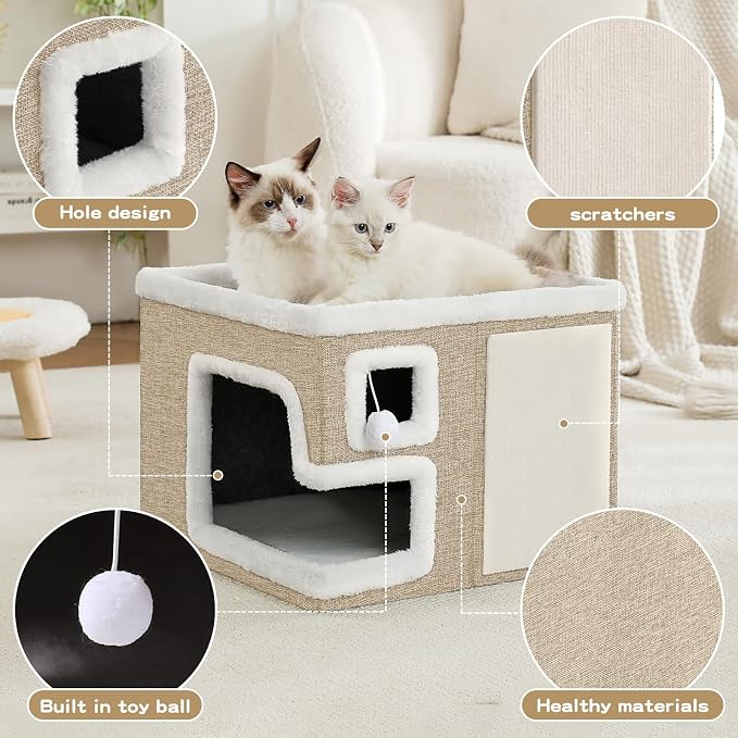 Cat Houses for Indoor Cats, Covered Cat Cave Bed with Scratch Pad and Fluffy Ball, Foldable Cat Hideaway Condo for Large Cats, Modern Kitten Bed,16.5x16.5x13 inches (Khaki‌, L) - Image 2