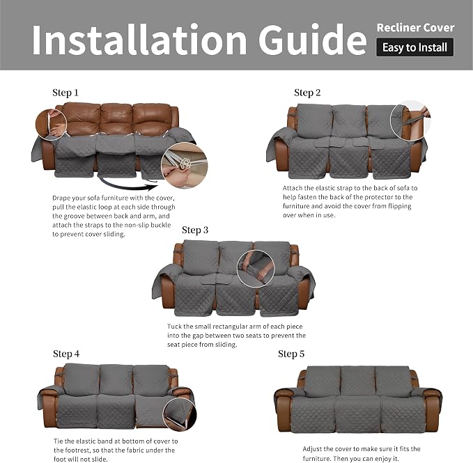 Easy-Going Recliner Sofa Cover, Reversible Couch Cover for 3 Seat Recliner, Split Sofa Cover for Each Seat, Furniture Protector with Elastic Straps for Dogs, Pets(3 Seater, Gray/Light Gray) | Washable Sofa Slipcover For Dogs, Sofa Cover For Recliner, F... - Image 7