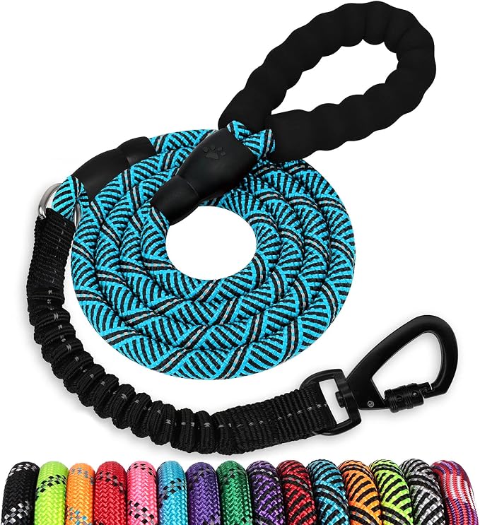Rope Dog Leash 6 FT: Heavy Duty Leashes with Swivel Lockable Hook Reflective Threads Bungee and Padded Handle - Dog Lead for Large Small Medium Dogs Outside Walking Hiking Blue Black by jenico