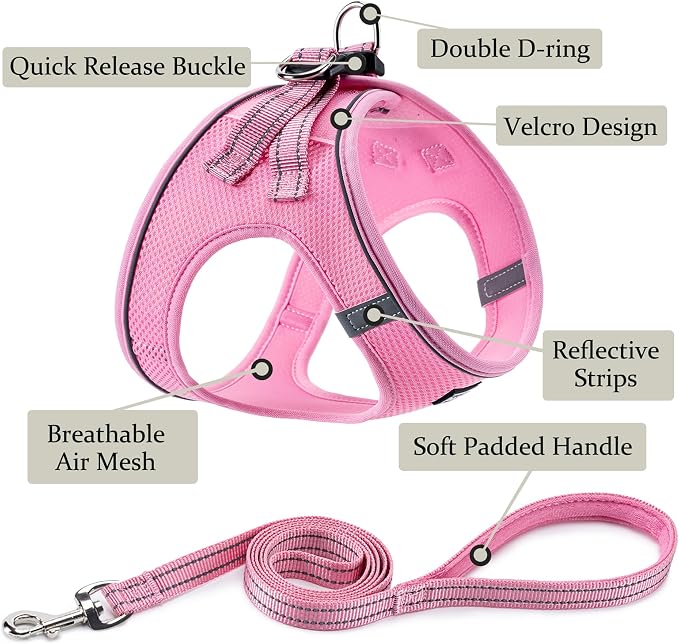 BOOMIBOO Dog Harness with Leash Set, No Pull Adjustable Reflective Step-in Puppy Pet Vest Harnesses for Small Medium Large Dogs and Cats,Pink XXS | Lightweight Breathable Air Mesh, Night Safety Reflective - Image 2