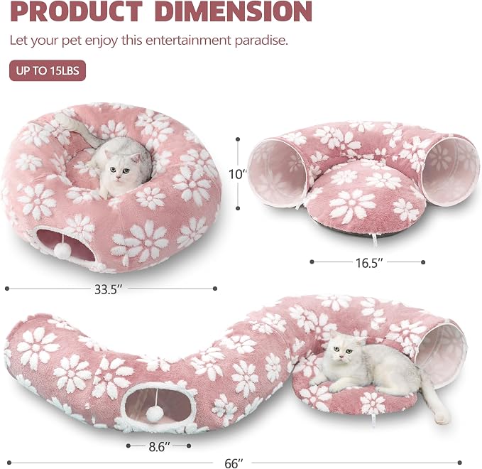 Cute Round Cat Tunnel for Indoor Cats, Pink | Peekaboo Cat Cave with Dangling Balls, Pet Donut Tunnel Bed with Circle Mat for Puppy Kitten Rabbit - Image 6