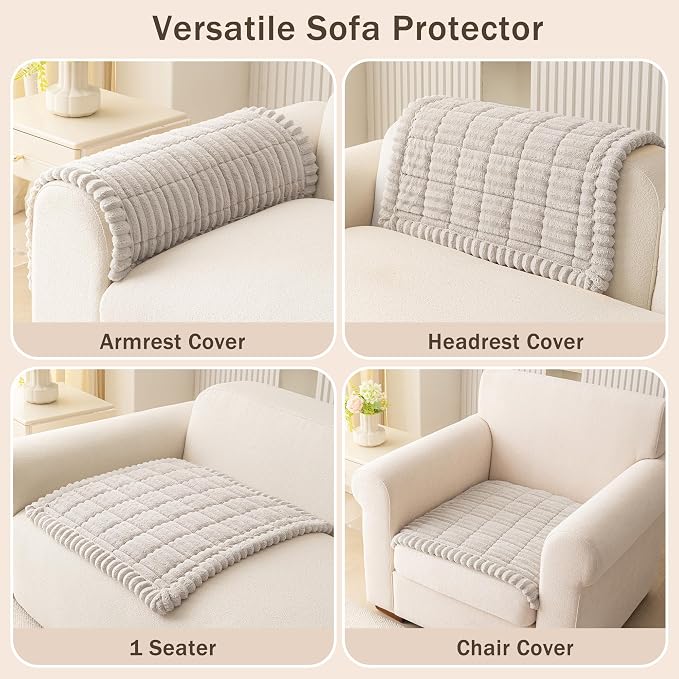 MEETSKY Couch Arm Covers for Dogs, Non Slip Plush Chair Covers Washable | Thick Plush Sofa Slipcover for Single Couch / Armrest, Furniture Cover Against Pet Hair & Scratches, Oatmeal, 27.6" x 27.6" - Image 3