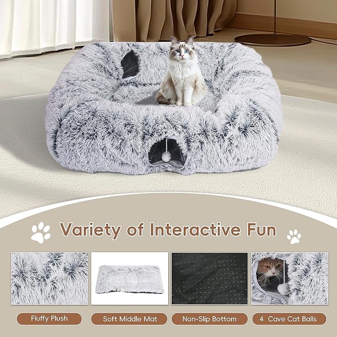 Extra Large Cat Tunnel Bed, 4 Ways Tunnels for Indoor Cats, Multi-cat Family Cat Bed & Cave, Plush Cat Donut with Washable Middle Mat, Exit Balls, Pet Play Toy for Kitten Puppy Rabbit, Grey - Image 5