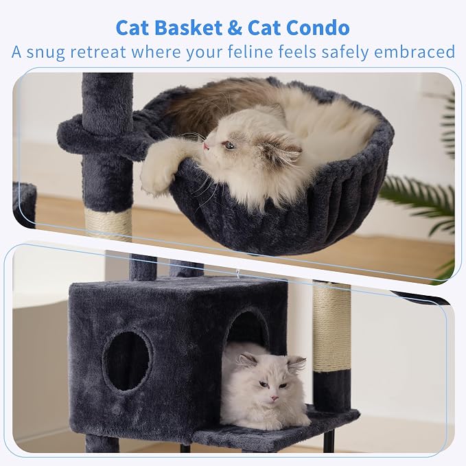 Heybly Cat Tree with Toy, 49.2 inch Cat Tower for Indoor Cats HCT200SG | Spacious Cat House Condo with Hidden Space，Soft Plush Top Perch，Cozy Hammock and Sisal Scratching Posts, Smoky Gray - Image 7