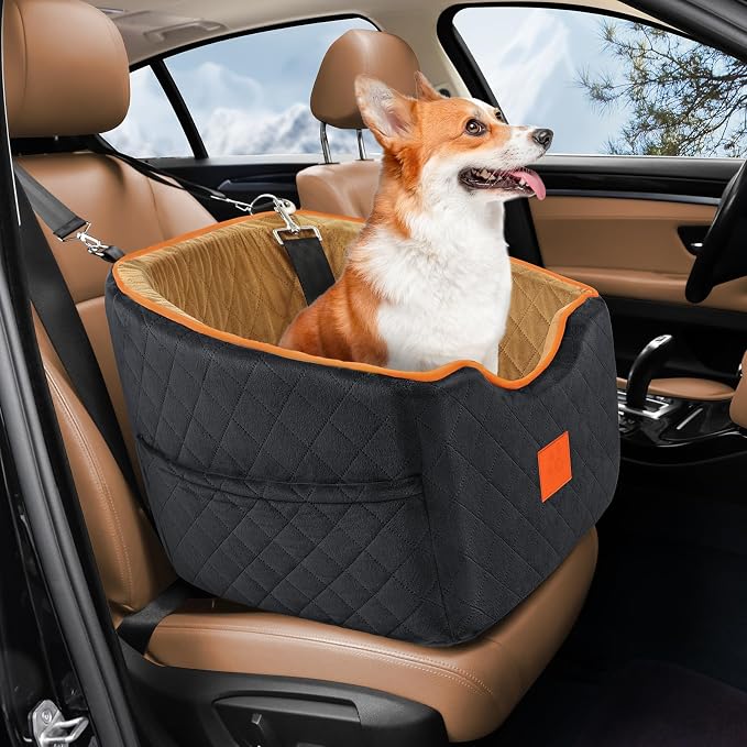 XIEEAOZEE Dog Car Seat for Small/Medium Dogs & Cats Under 35 lbs | Memory Foam Booster Dog Seat, Travel Safety Pet Car Seat with Washable Removable Cover, Storage Pockets (Black/Brown) by XIEEAOZEE