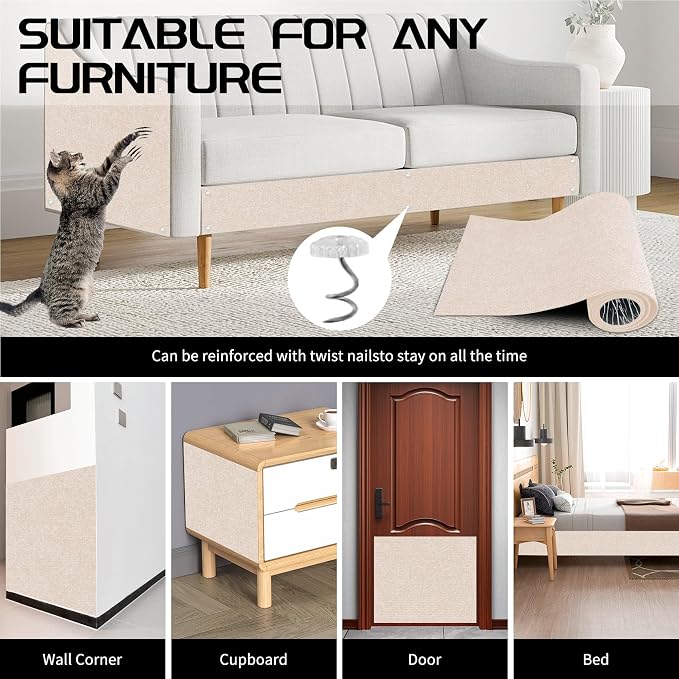 2 Pcs Total 78.8"x15.8" Cat Scratch Mat, Cat Scratch Couch Furniture Protector, Trimmable Self-Adhesive Cats Scratch Pads, DIY Cat Scratcher for Wall Protector and Covering Cat Tower (Beige) - Image 4