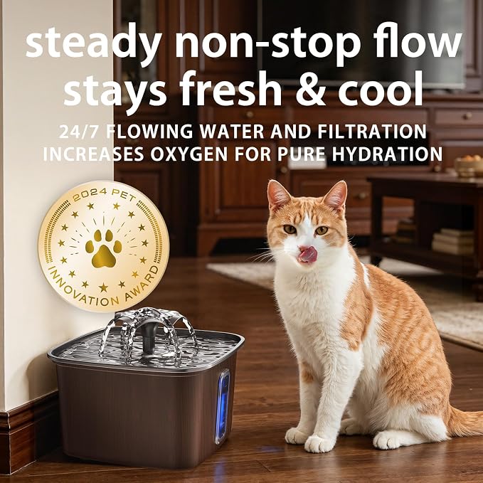 Veken Innovation Award Winner Stainless Steel Cat Water Fountain, 108oz | Automatic Pet Fountain Dog Water Dispenser with Replacement Filters & Silicone Mat for Cats, Dogs (Walnut Brown) - Image 5
