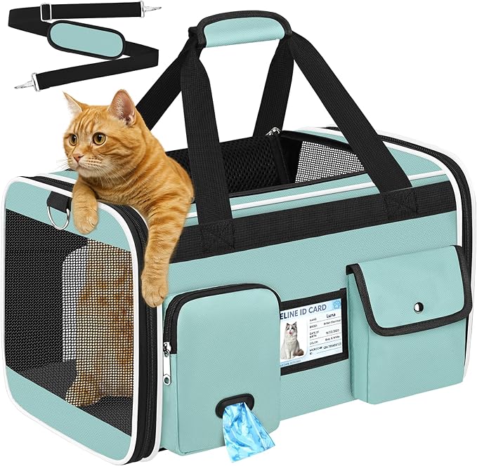HUANLANG Large Cat Carrier Travel Soft Sided Pet Carrier Airline Approved | Dog Carriers for Small Dogs Medium Cats,Collapsible,3 Storage,zipper lock,Reflective strips,Luggage Strap, Up to 15 Lbs by HUANLANG