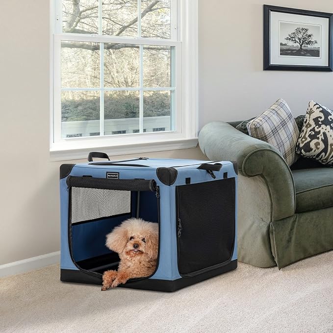 PETSFIT 26" Soft Portable Dog Crate – Patented Spiral Sturdy Frame, Collapsible Travel Kennel for Small Dogs, 3 Mesh Door, Lockable Zippers, Indoor & Car Use Blue - Image 9