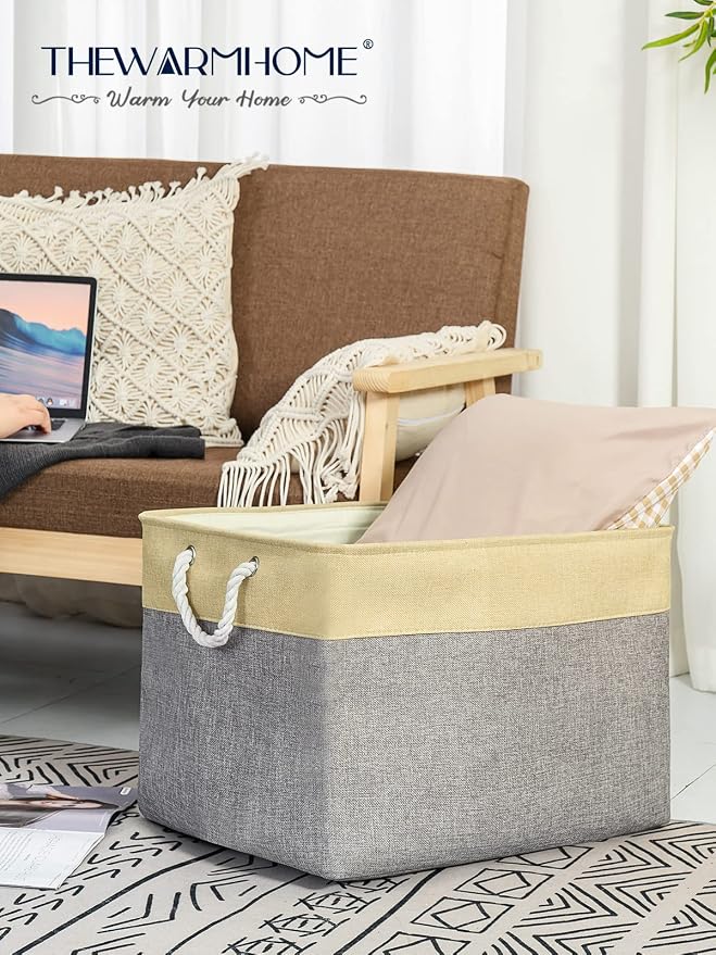 TheWarmHome Storage Bins Baskets for Organizing - Extra Jumbo 3 Pack 20.5Lx15.7Wx13.8H Sturdy Fabric Storage Basket for Shelves, Decorative Foldable Closet Nursery Toy (Gold&Grey) - Image 8