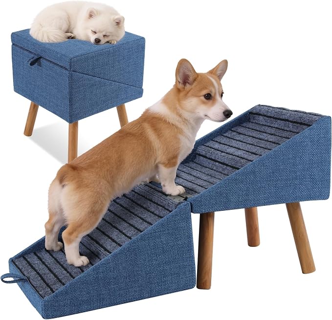 Dog Stairs for Small Dogs, 2-in-1 Pet Steps & Ottoman | Foldable Dog stairs for Couch, Non-Slip Wooden Pet ramp for Puppy Senior Injured Dogs (Blue, XL(17.13H)) by Ziluce