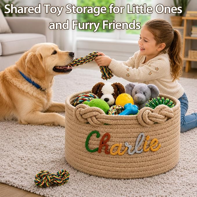 Personalized Dog Toy Basket with Name, Custom Puppy & Kitten Toy Storage Bins, Personalized Cute Handmade Cotton Rope Organizer for Snacks, Pet Supplies, Birthday Gifts Basket for Pets (A1) - Image 5